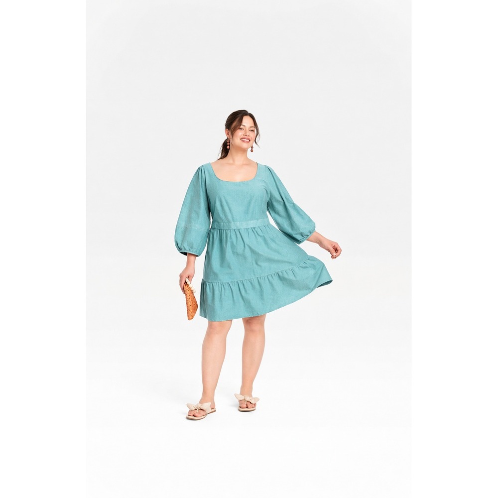 Peasant Poet Teal Green Midi Dress Cotton Ballon Sleeve Ruffle Size 3X Vacation